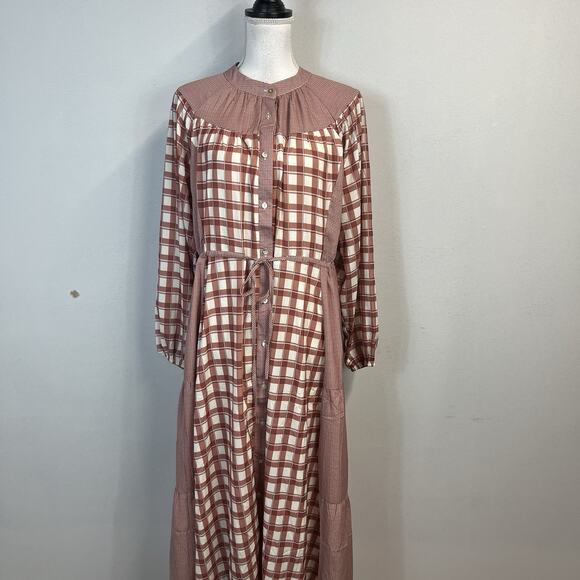 Polagram Dress size Medium Brown Ivory Plaid Midi Prairie Peasant Modest Church - Picture 2 of 9